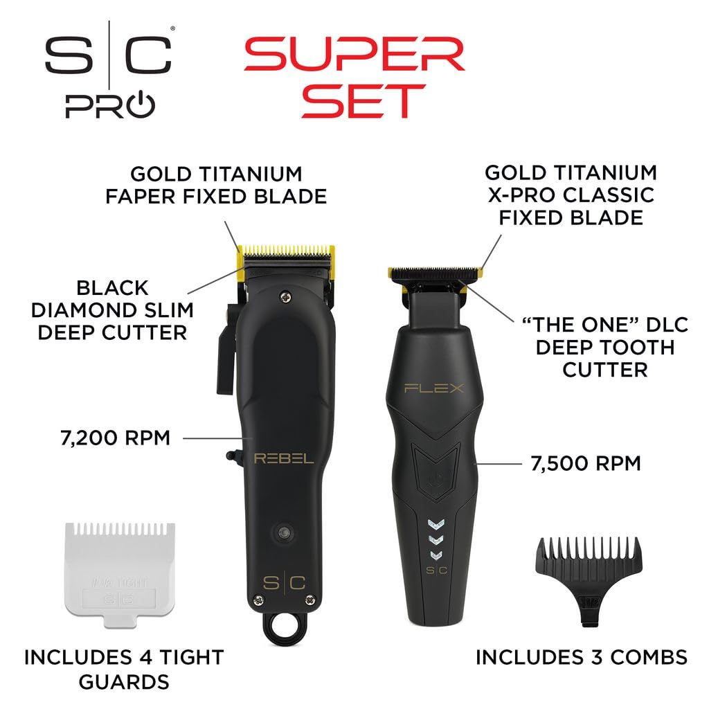 S|C Rebel Clipper and Flex Trimmer Super Set with Tight Guards, Accessories and Travel Case