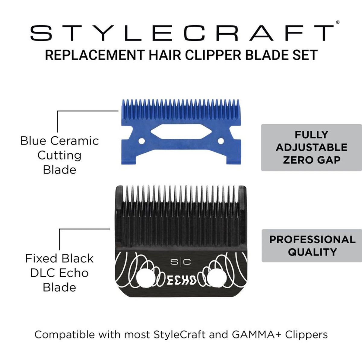StyleCraft Black Fixed DLC Echo Diamond Blue Ceramic Cutter Blade Clipper SC554B