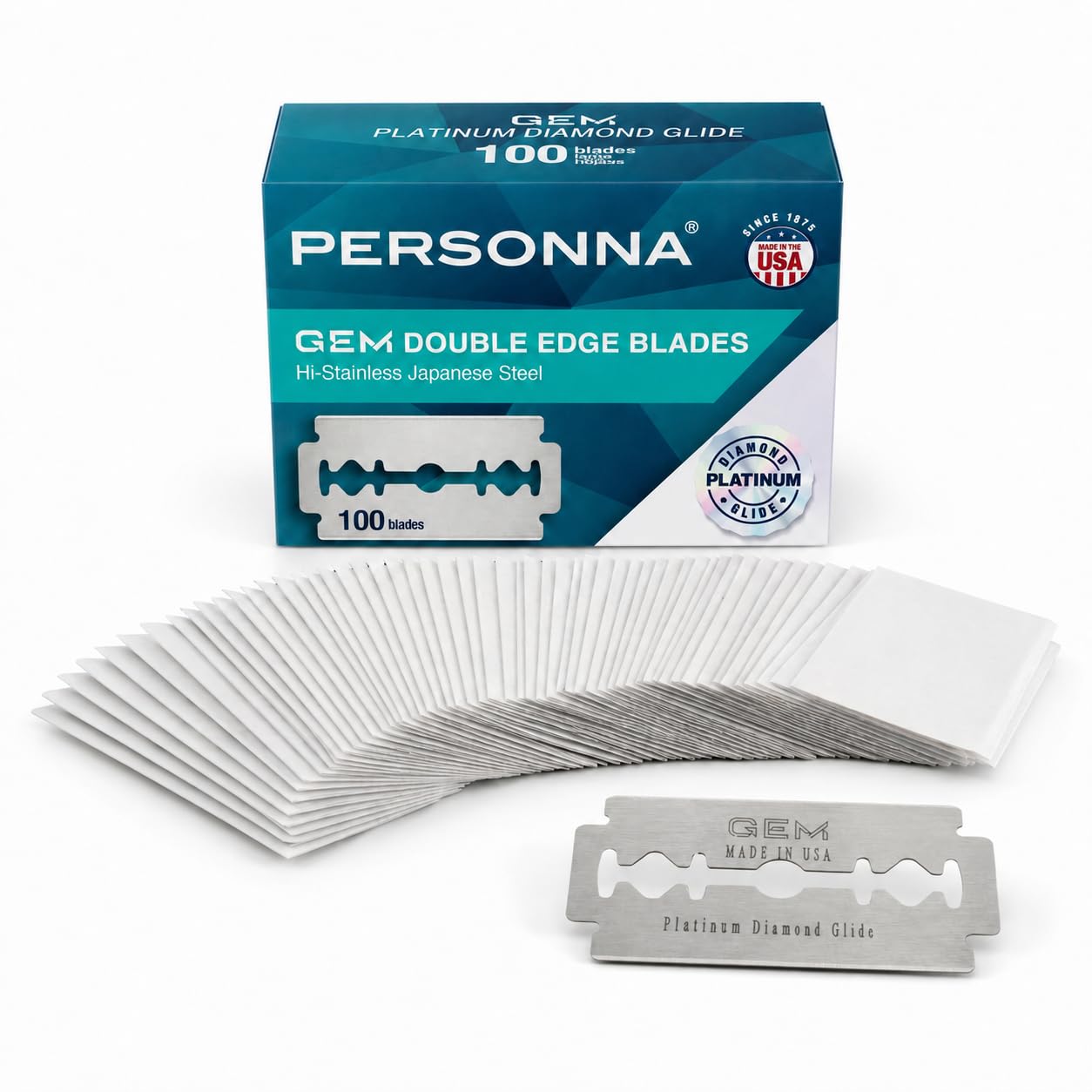 Personna GEM Platinum Diamond Glide Double Edge Razor Blades, 100 Count, Surgical-Grade Stainless Steel Safety Razor Blades for Smooth Wet Shaving
