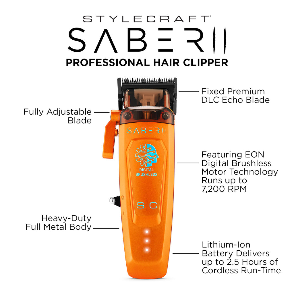 StyleCraft Saber 2 Cordless Digital Brushless Motor Clipper - Orange (SC617O)